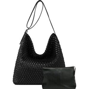 Black Woven Vegan Leather Large Shoulder Tote Bag for Women